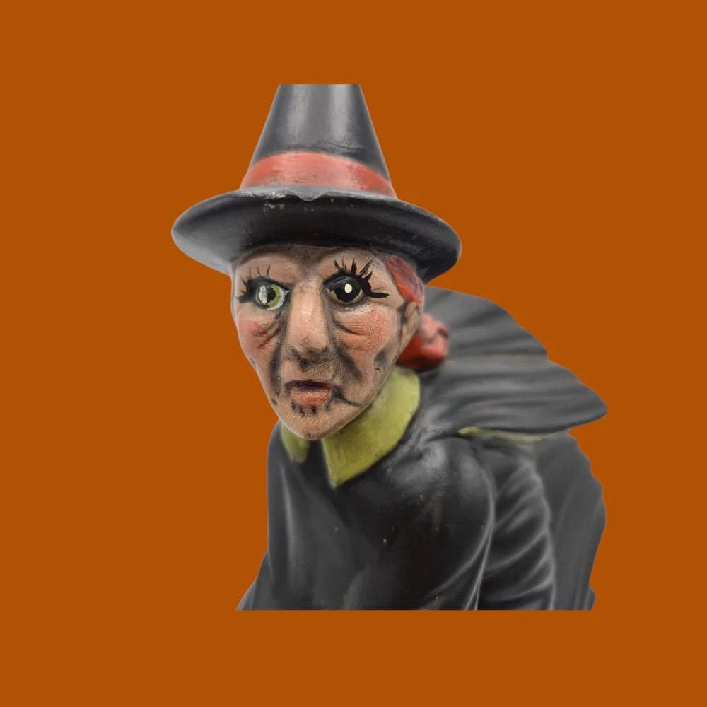 VTG Ceramic Scary Witch Flying on Broomstick Halloween Decor 1970's Granny Core
